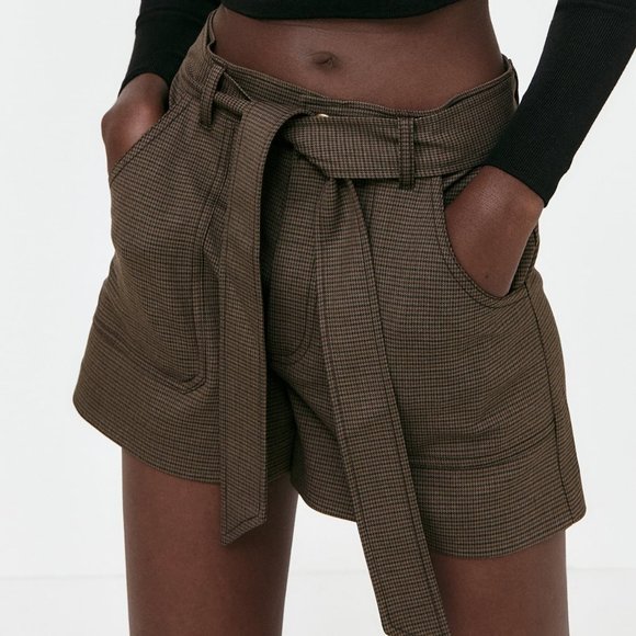 NEW Zara Houndstooth Checker Plaid High Waist Self Tie Belt Shorts Dark Brown S - Picture 3 of 10